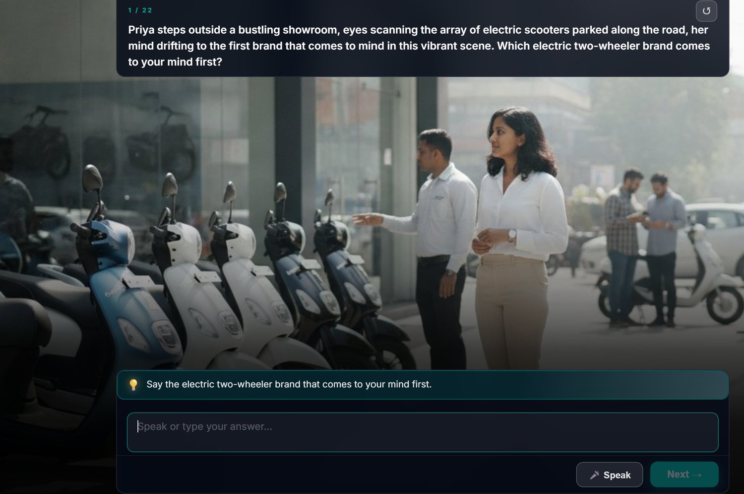 A vDynamiq survey scene: a metro female in an EV showroom, question in English.